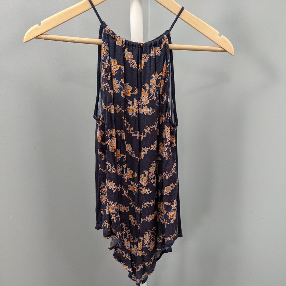 Maurices Navy Floral Hanky Hem Halter Tank Top, S